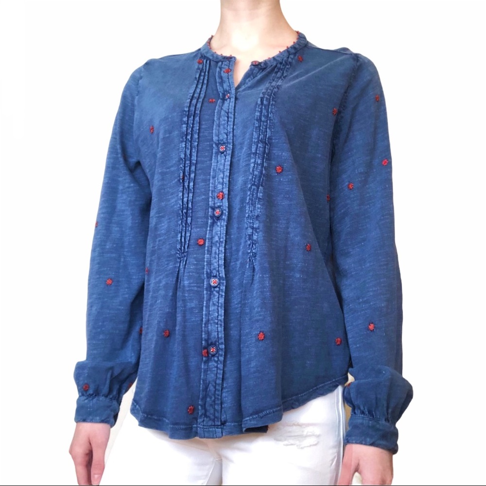 Pleated Embroidered Blue Button-Up Blouse
